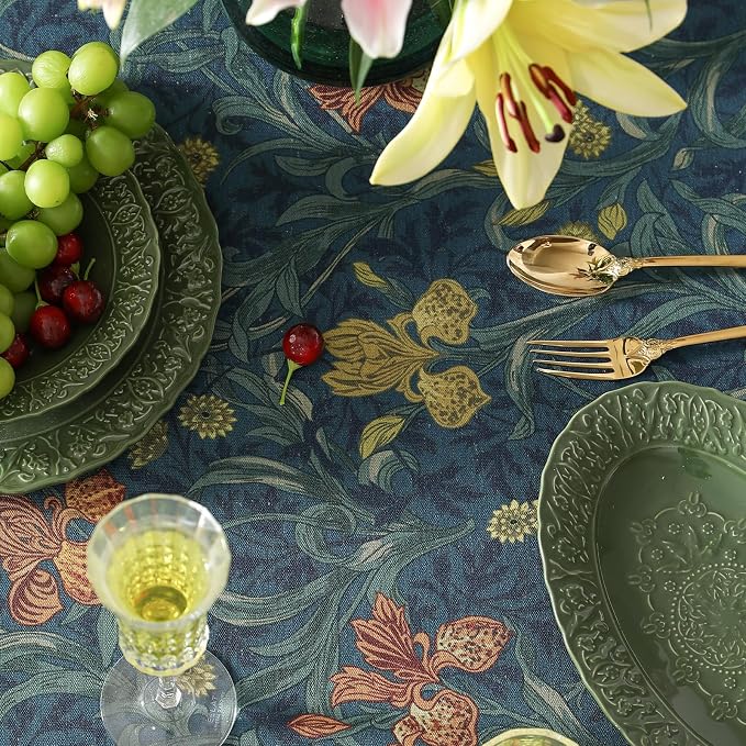 patdrea Designer Vintage Dark Blue Linen Round Tablecloth, French Rustic Floral - Image 3