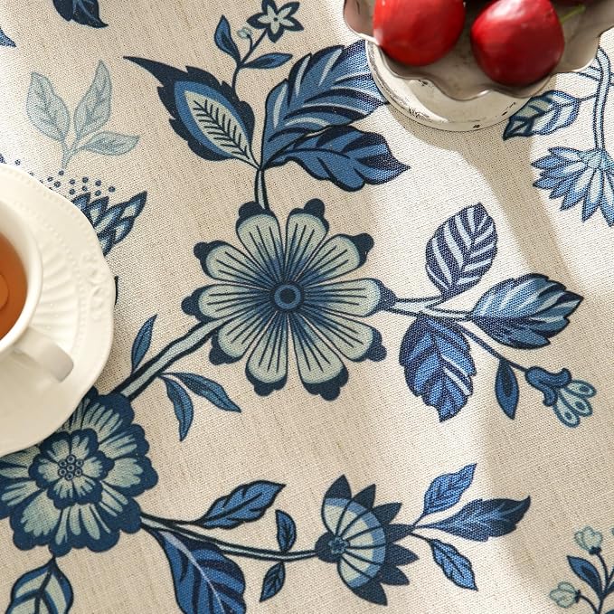 Vintage Blue and White Square Tablecloth, French Linen Floral Wrinkle Free - Image 5