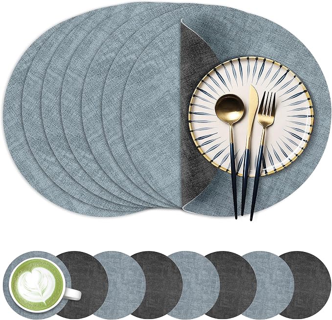 13-Inch Faux Leather Round Placemats Set of 8, Waterproof Anti-Slip Dual Sided by Fyvva