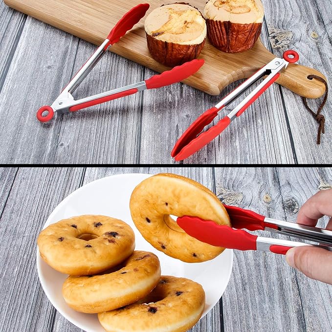 Tongs, 7-Inch Red Silicone Mini Serving Set, Pack of 3