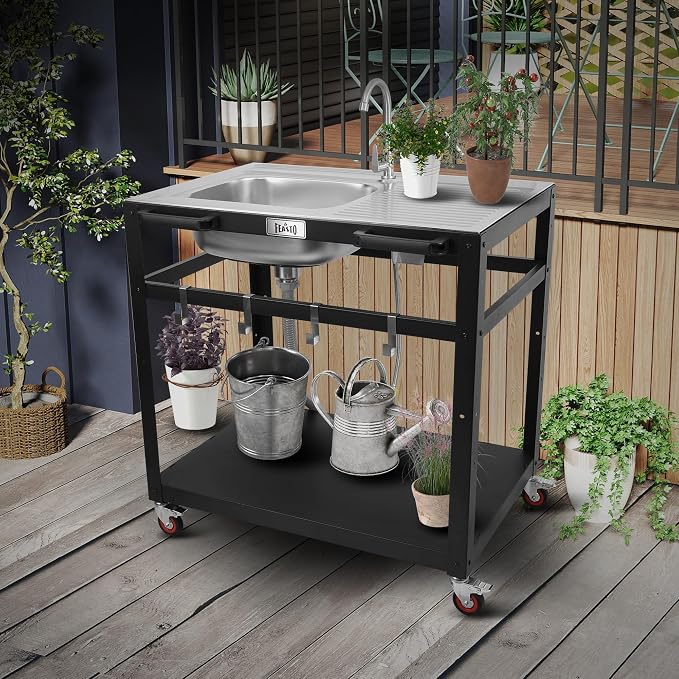 35” Outdoor Grill Cart with Sink, Outdoor Kitchen Sink Station with Hose Hook Up - Image 4