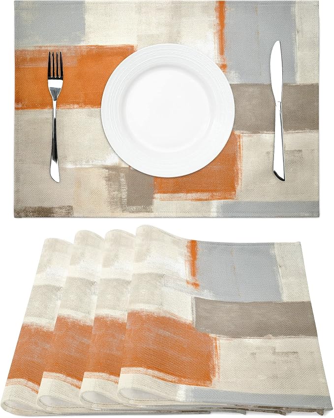 Modern Art Placemats Set of 4 Orange Abstract Painting Place Mats Washable - Image 3