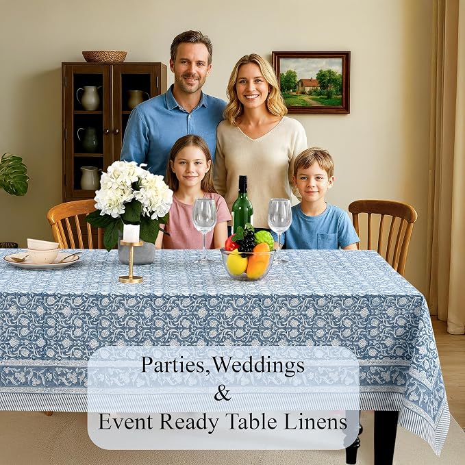 CPC Azure Regal Tablecloth 100% Cotton 80x120 Inch Indian Block Print Rectangle - Image 3