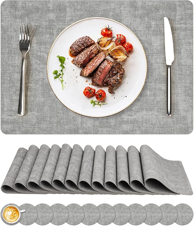 Vinyl Placemats Set of 12, Faux Leather Waterproof and Heat Resistant Place Mats by NCUE