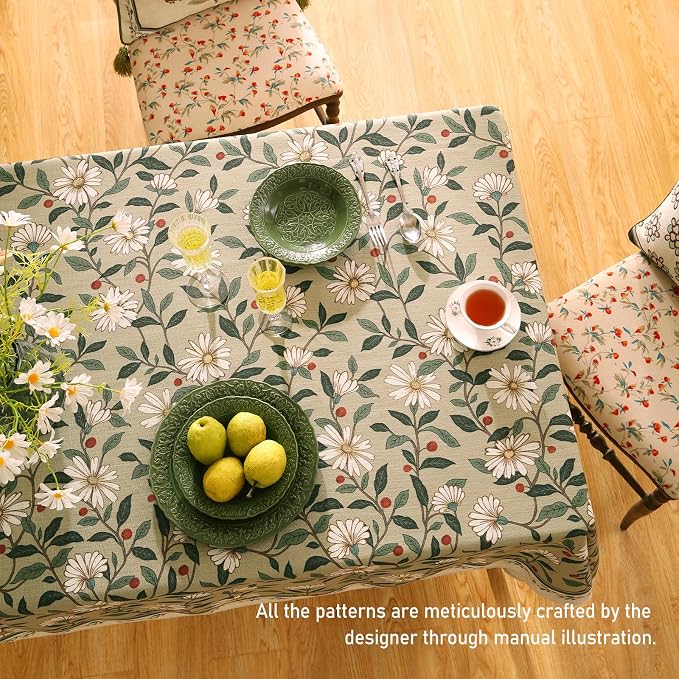 ISAENNE Designer Green Linen Table Cloth Rectangle, Floral French Country - Image 4
