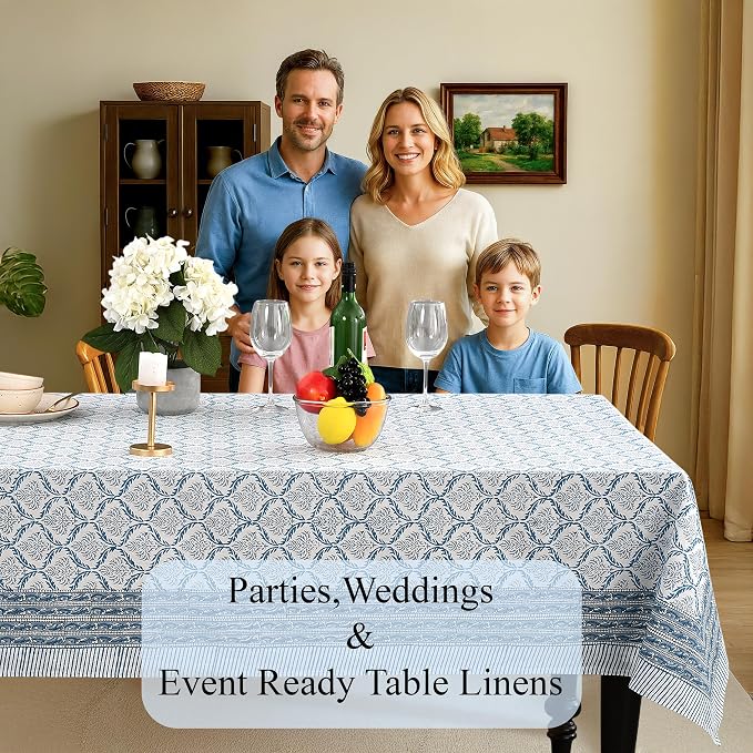 CPC Indigo Regal Tablecloth 100% Cotton 80x120 Inch Indian Block Print - Image 3