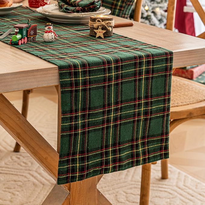 Green Yellow Plaid Christmas Table Runner, Winter Holiday Table Runners 72 - Image 4