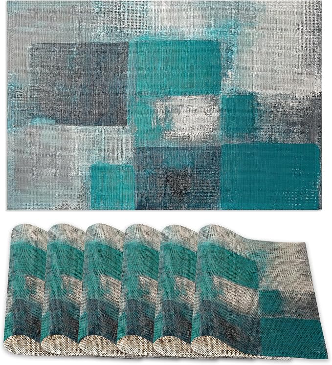 6 Pcs Placemats, Teal Gray Painting Placemat, Art Painting Table Mats Washable by ZTHLL