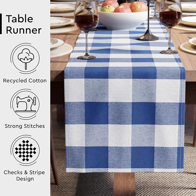 Encasa XO Cotton Dining Table Runner | Buffalo Blue Checks | Size 13x91 in - Image 3