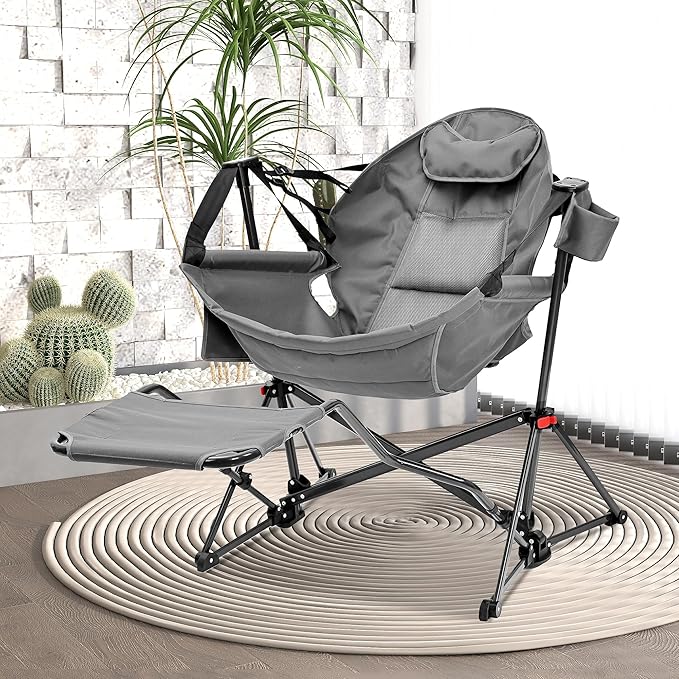 Camping Chair with Detachable Footrest, Grey Polyester Recliner