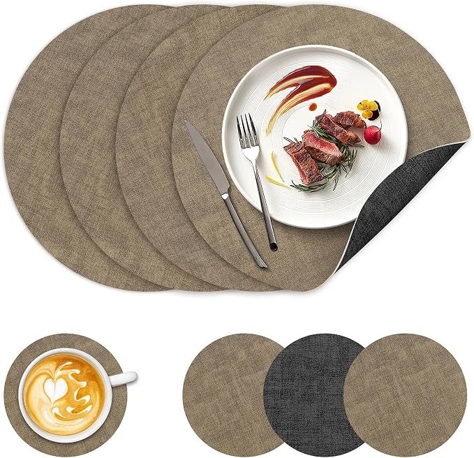 13" Round Placemats Set of 4, NCUE Dual-Sided Faux Leather Heat Resistant Table by NCUE