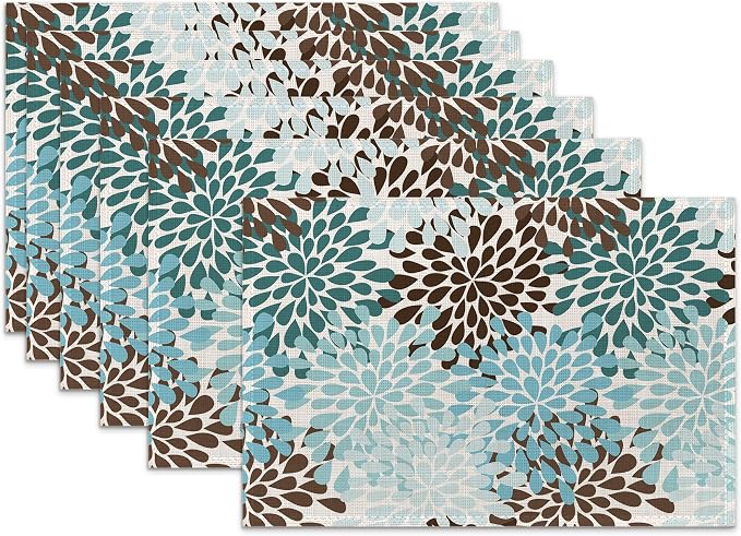 Blue Gray Dahlia Placemats Set of 6, Geometric Flowers Heat Resistant Table by SNOWMOLLE