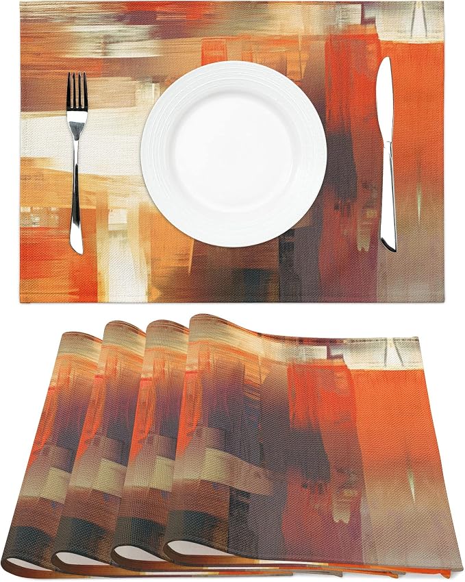 Modern Art Placemats Set of 4 Orange Abstract Painting Place Mats Washable - Image 3