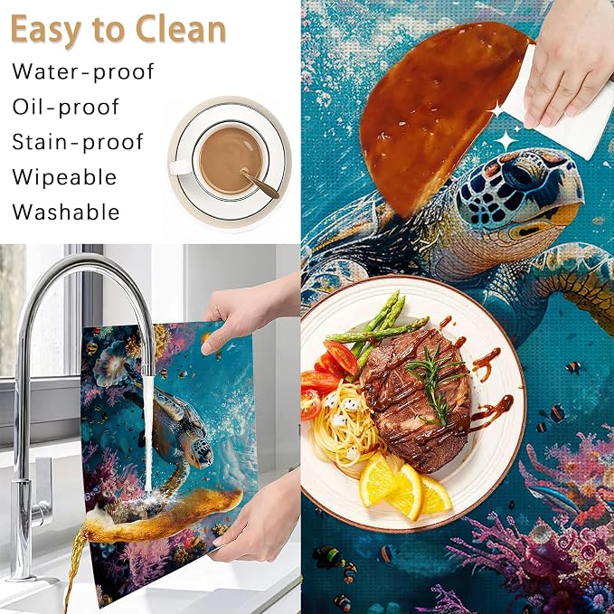 Sea Turtle Placemats Set of 6, Fish Coral Colorful Waterproof Non-Slip Washable - Image 5