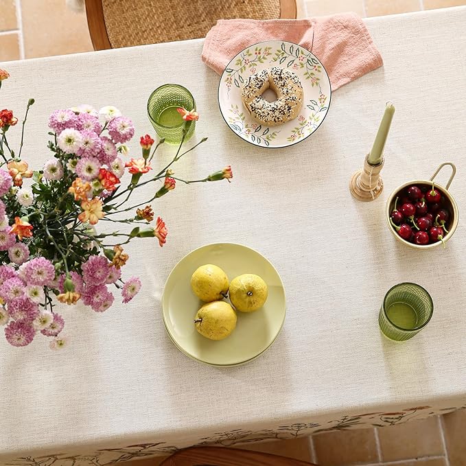 ISAENNE Designer Off White Linen Square Tablecloth, Floral Elegant Table Cloth - Image 4
