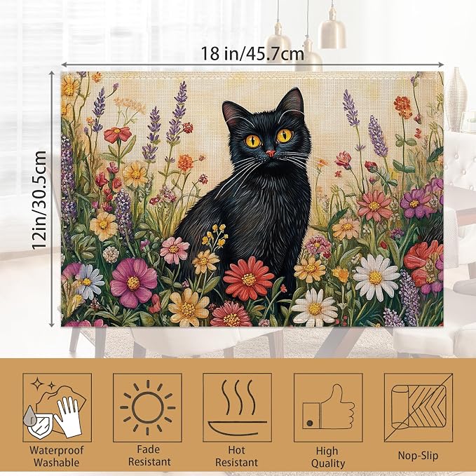 Black Cat Placemats Set of 6, Color Flower Waterproof Non-Slip Washable Table - Image 6