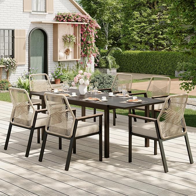 7 Pieces Outdoor Dining Set for 6, Patio Dining Set Wicker Rattan Chairs by MIXPATIO