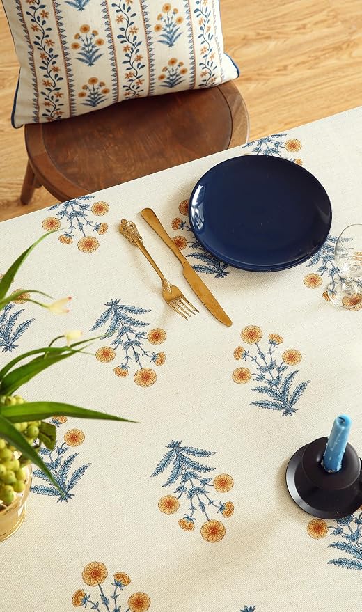 ISAENNE Designer French Pale Yellow Small Rectangular Tablecloth, Linen Floral - Image 6