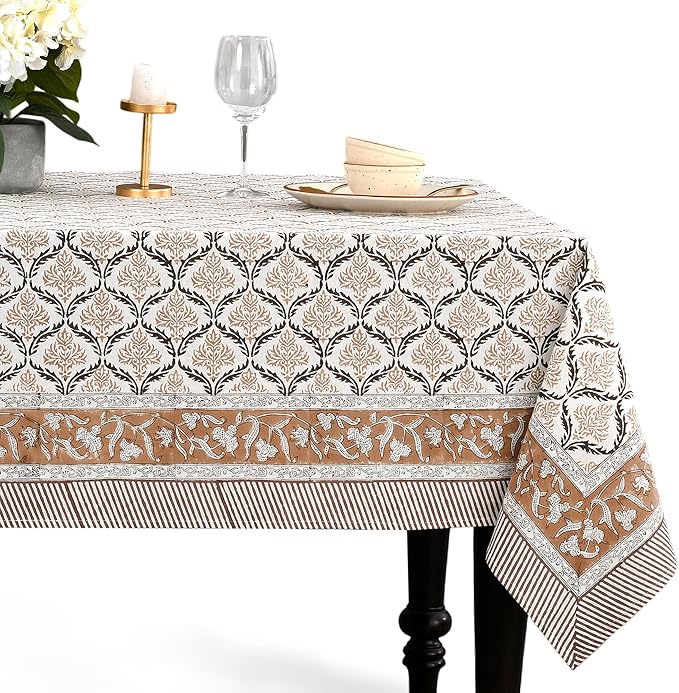 CPC Sandstone Regal Tablecloth 100% Cotton 60x90 Inch Indian Block Print by COTTONPRINTCLUB