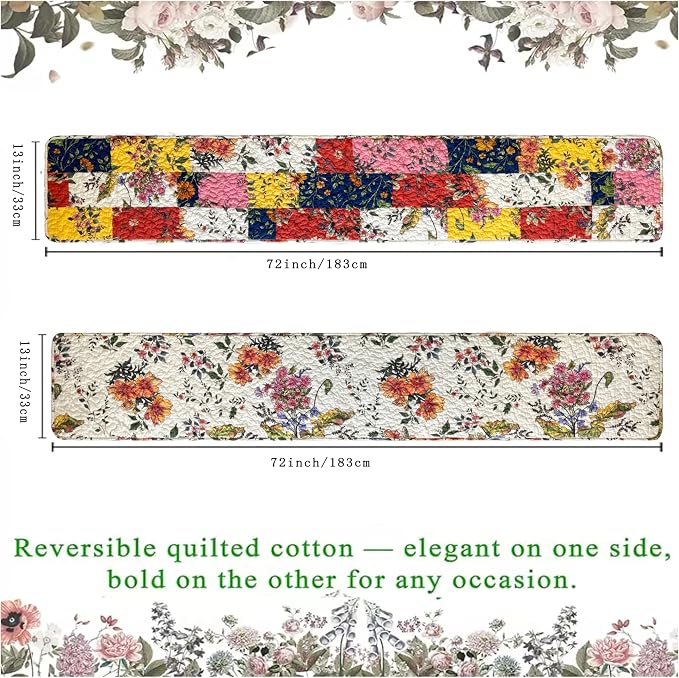 Cotton Quilted Floral Patchwork Table Runner 72 Inches Long – Handmade - Image 2