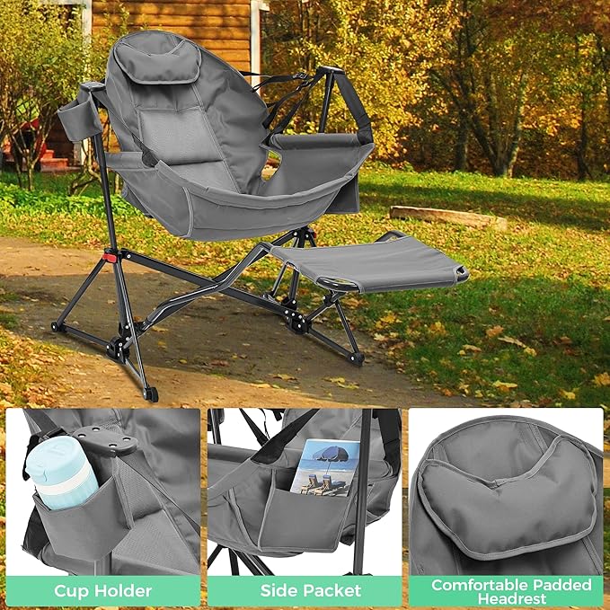 Camping Chair with Adjustable Recline and Detachable Footrest, Dark Grey