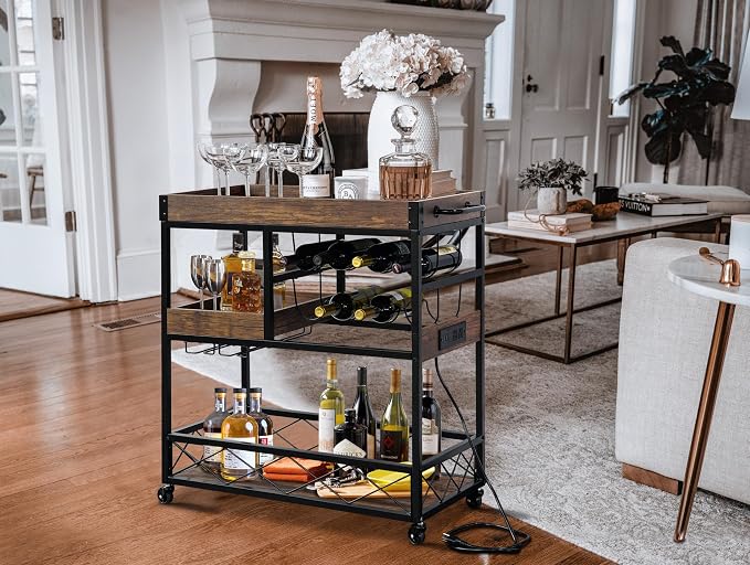 Bar Cart with Power Outlet, Industrial Kitchen Serving Cart with Wine Rack & - Image 6