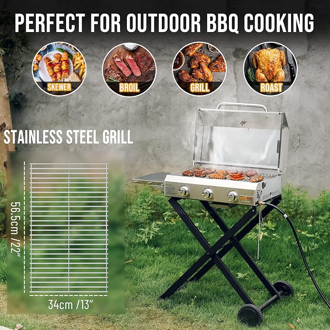 BBQ Gas Grill 3-Burner with Foldable Cart & Side Table, Portable Propane Grill - Image 6