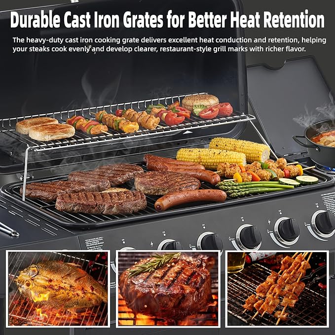 Propane Gas BBQ Grill with 6-Burner and Side Burner 59000 BTU Stainless Steel - Image 5