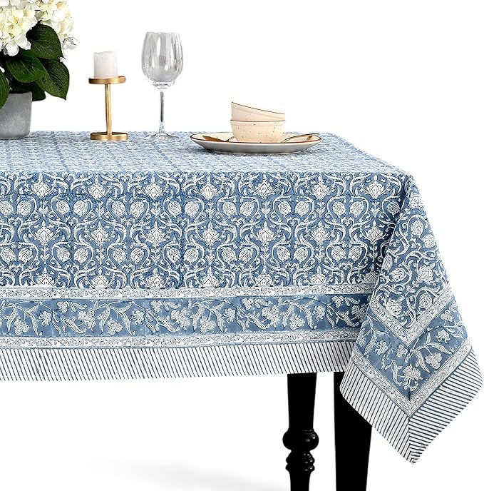 CPC Azure Regal Tablecloth 100% Cotton 80x120 Inch Indian Block Print Rectangle by COTTONPRINTCLUB