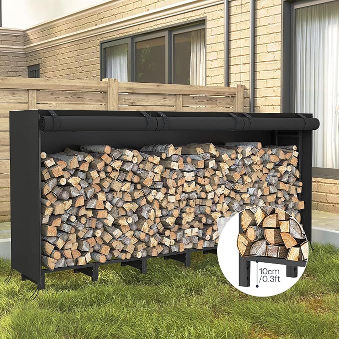 HOOBRO 8FT Firewood Rack with Cover, Outdoor Firewood Log Rack, Adjustable Log - Image 3