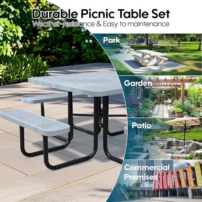46" Square Picnic Table W/Benches, Heavy Duty Metal Picnic Table Set - Image 6