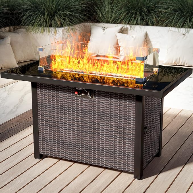 Propane Outdoor Fire Pit Table, Outdoor Gas FirePit W/Glass Wind Guard by Olimix