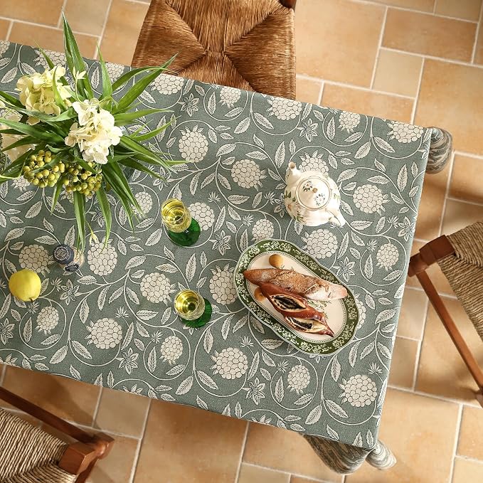 ISAENNE Designer Grayish Green Linen Table Cloth Rectangular, Floral Elegant - Image 4