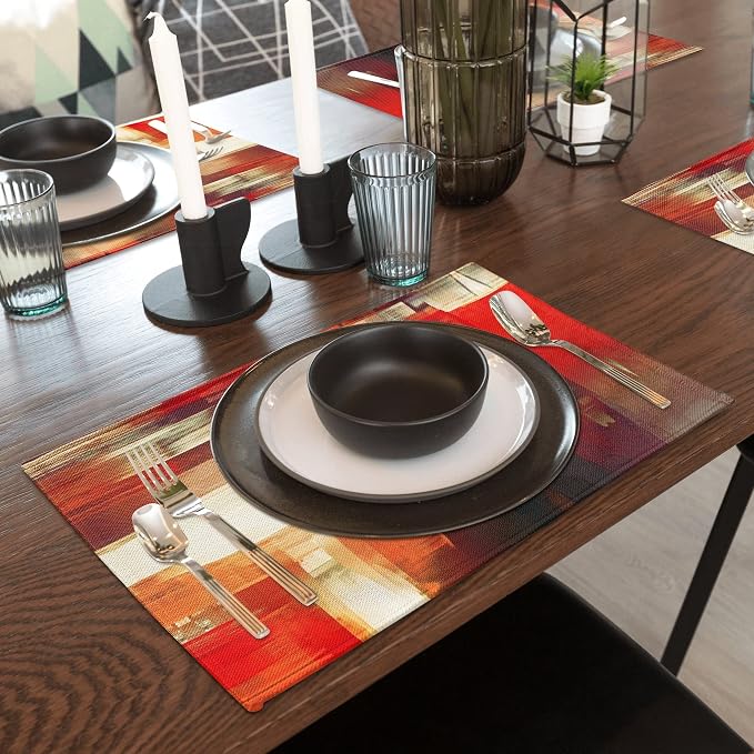 Modern Art Placemats Set of 4 Red Abstract Painting Place Mats Washable Linen - Image 7