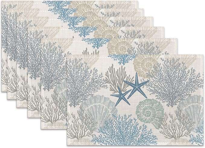 Coastal Beach Placemats Set of 6, Shell Starfish Coral Heat Resistant Table by SNOWMOLLE