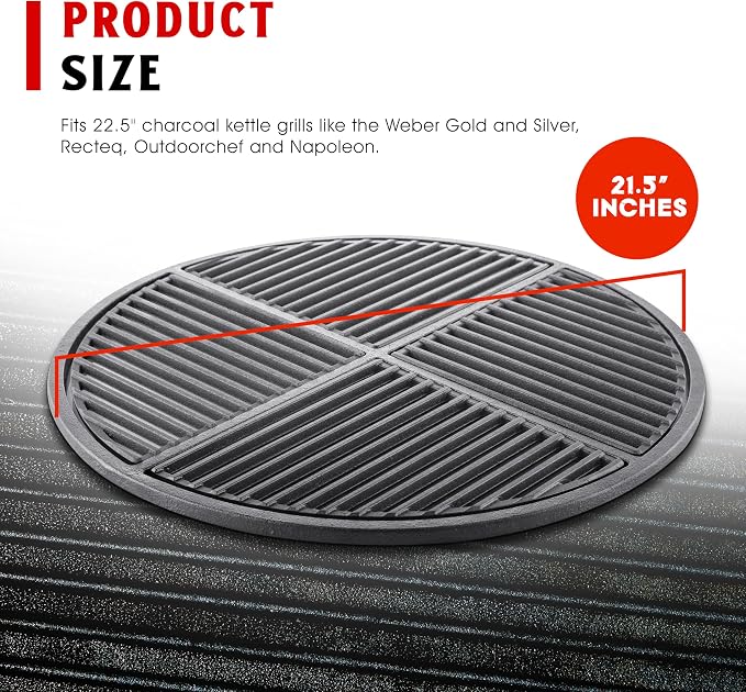 Pre-Seasoned Modular Cast Iron Grate, Fits 22.5" Kettle Grills Like Weber and - Image 2