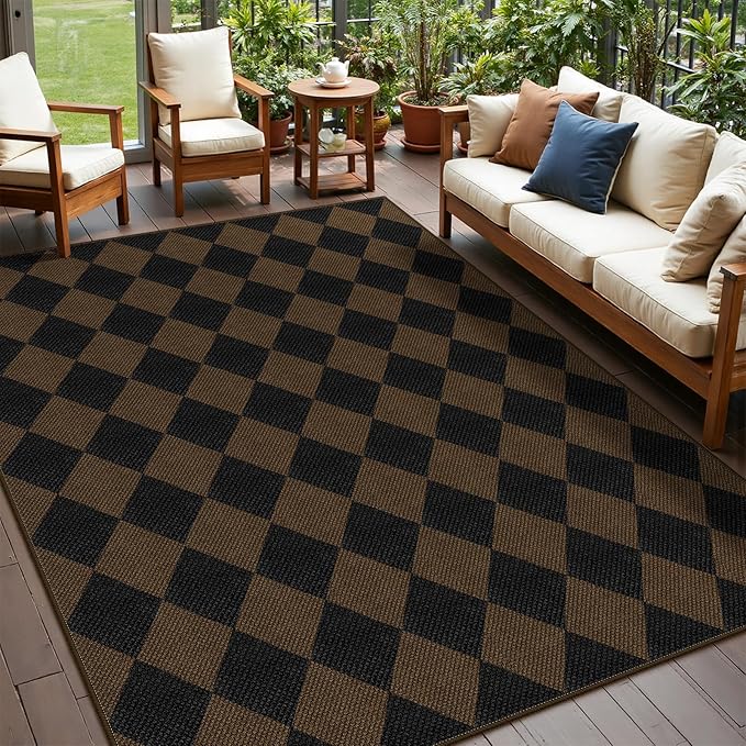 Easy Jute Coffee Checkered 5x7 Area Rug, Washable Modern Rugs by Rugalia