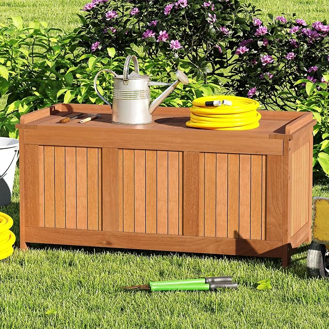 Tangkula 58 Gallon Wood Outdoor Storage Box, 3-in-1 Patio Storage Bench - Image 4