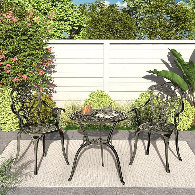 Patio Bistro Set of 2, Cast Aluminum, Outdoor Set w/Umbrella Hole, 3 Piece - Image 7