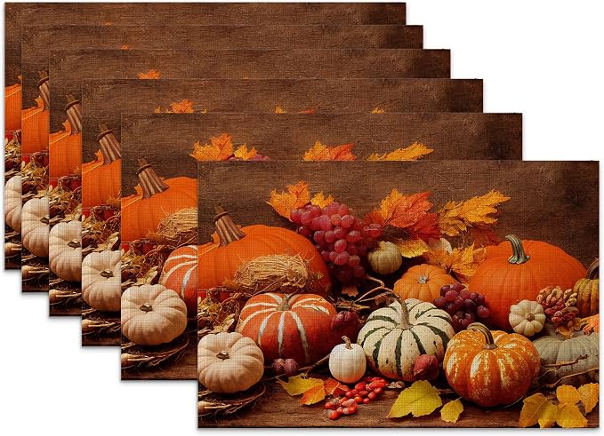 Orange Pumpkins Linen Placemats Set of 6, 12x18 Inch Fall Thanksgiving Washable by SNOWMOLLE