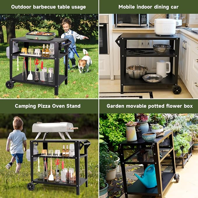 Black Outdoor Grill Cart with Wheels, Heavy-Duty 3-Tier BBQ Prep Table - Image 6