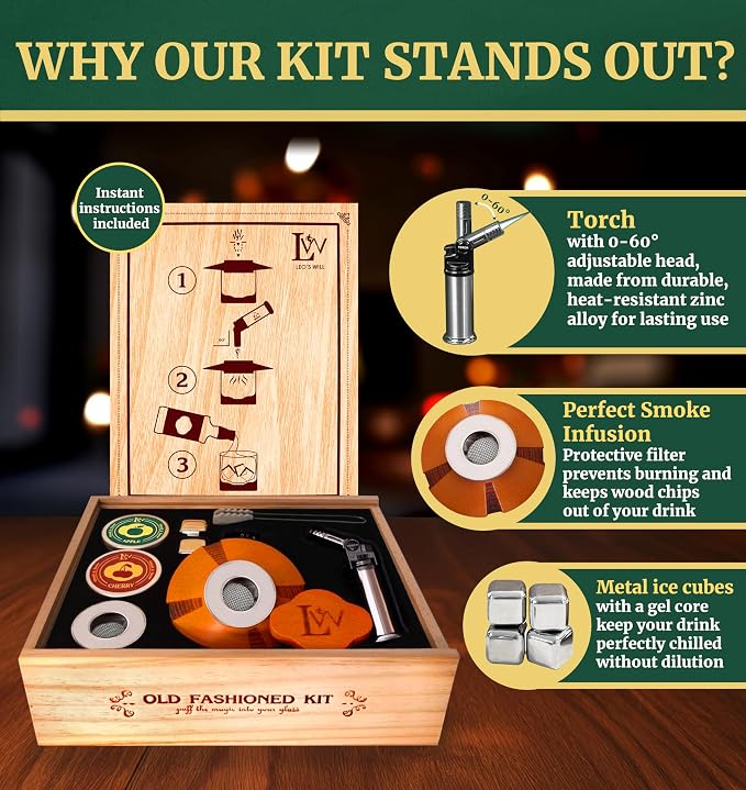 Whiskey Smoker Kit with Torch – Natural Wood Box, 2 Metal Filters, Whiskey - Image 5