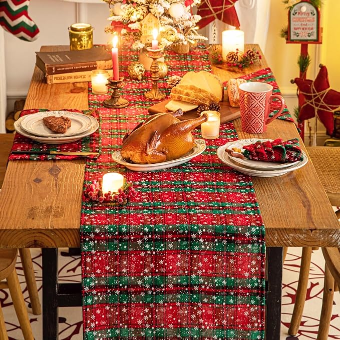 Green Red Plaid Snowflake Christmas Table Runner, Winter Holiday Table Runners - Image 3
