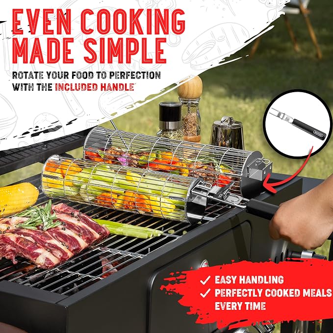 Rolling Grill Basket, New Opening Design, Extra Sturdy Cylinder Grilling Basket - Image 2