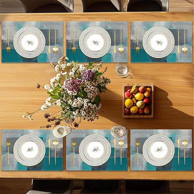 6 Pcs Placemats, Teal Gray Painting Placemat, Art Painting Table Mats Washable - Image 7