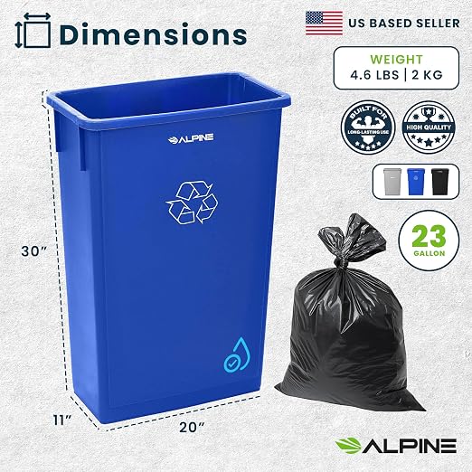 Alpine 23 Gallon Slim Recycling & Trash Bin Set – 3-Pack Blue/Black/Grey - Image 2