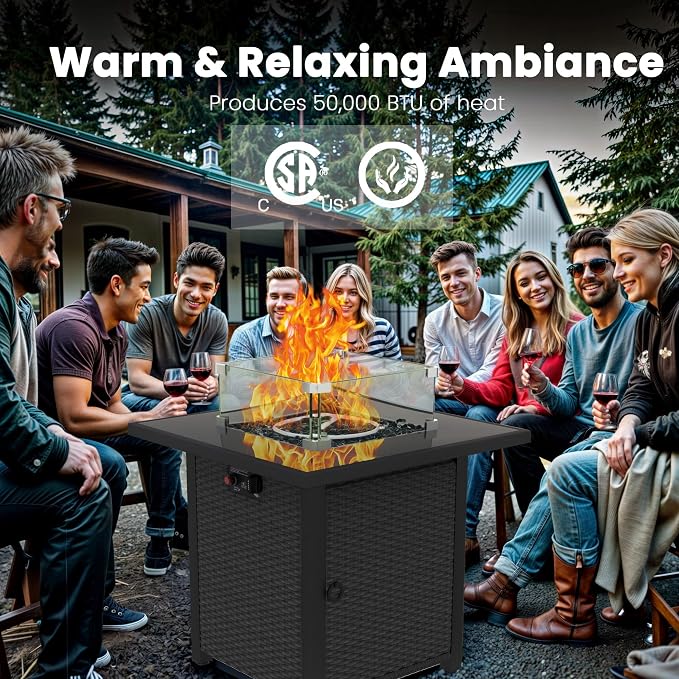 Propane Outdoor Fire Pit Table, Outdoor Gas FirePit W/Glass Wind Guard - Image 7
