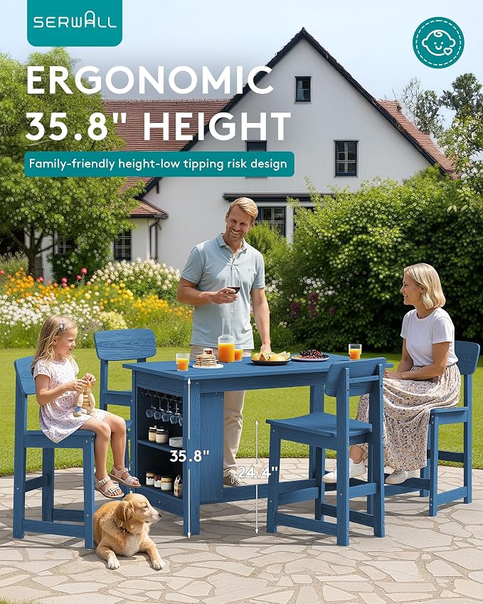 SERWALL Outdoor Bar Table and Chairs Set, 3-Piece HDPE Counter Height Patio - Image 2