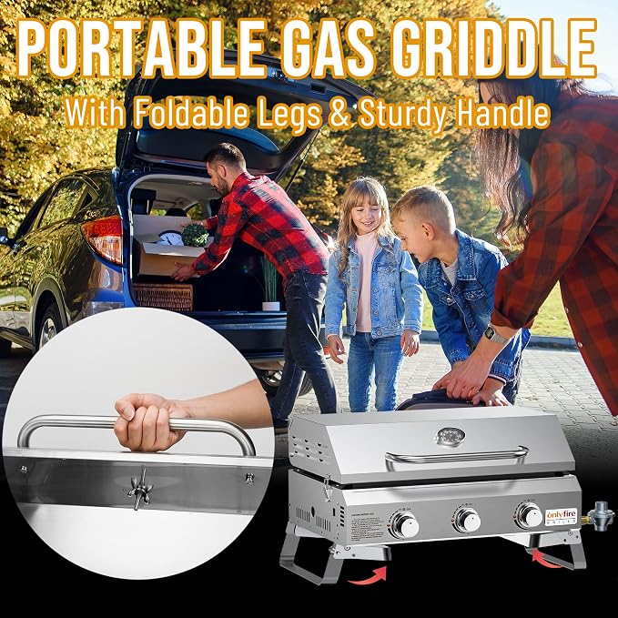 Tabletop Gas Griddle with Foldable Legs, Portable 3-Burner Propane Gas Grill - Image 9