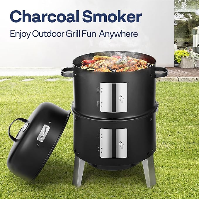 Vertical Charcoal Smoker, 3 Chambers, Black Alloy Steel
